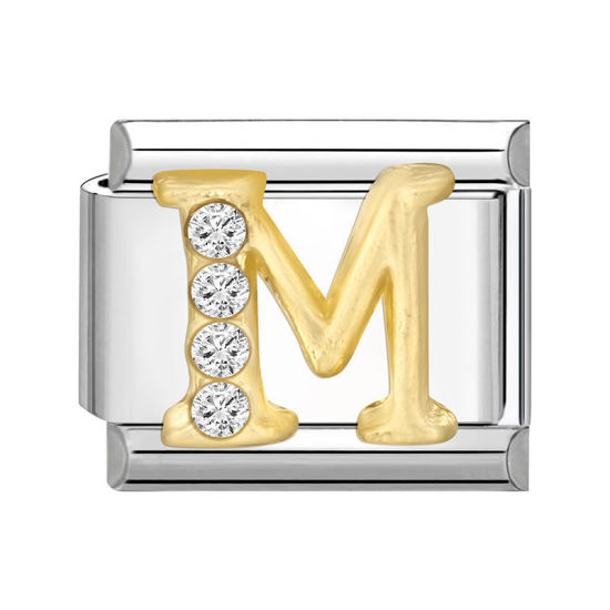 Picture of 1 Piece 304 Stainless Steel Capital Alphabet Initial Letter Name Italian Charm Links For DIY Bracelet Jewelry Making Silver Tone Golden Rectangle Message " M " Clear Rhinestone 10mm x 9mm