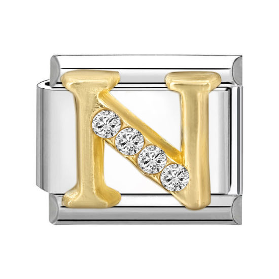 Picture of 1 Piece 304 Stainless Steel Capital Alphabet Initial Letter Name Italian Charm Links For DIY Bracelet Jewelry Making Silver Tone Golden Rectangle Message " N " Clear Rhinestone 10mm x 9mm