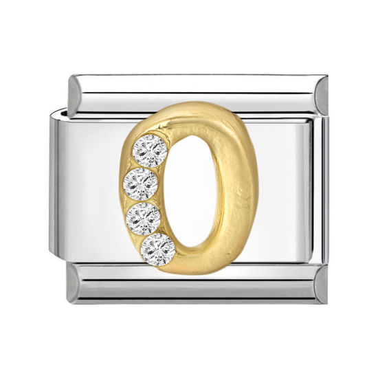 Picture of 1 Piece 304 Stainless Steel Capital Alphabet Initial Letter Name Italian Charm Links For DIY Bracelet Jewelry Making Silver Tone Golden Rectangle Message " O " Clear Rhinestone 10mm x 9mm