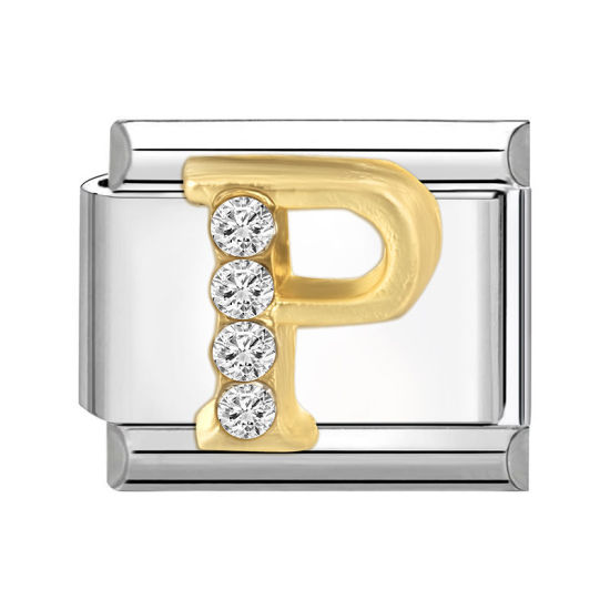 Picture of 1 Piece 304 Stainless Steel Capital Alphabet Initial Letter Name Italian Charm Links For DIY Bracelet Jewelry Making Silver Tone Golden Rectangle Message " P " Clear Rhinestone 10mm x 9mm