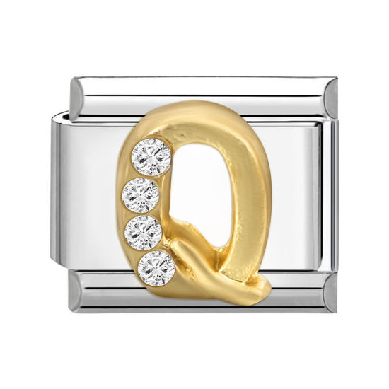 Picture of 1 Piece 304 Stainless Steel Capital Alphabet Initial Letter Name Italian Charm Links For DIY Bracelet Jewelry Making Silver Tone Golden Rectangle Message " Q " Clear Rhinestone 10mm x 9mm
