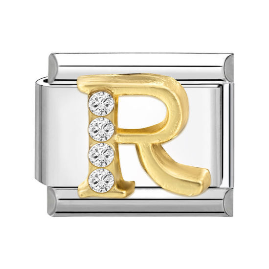 Picture of 1 Piece 304 Stainless Steel Capital Alphabet Initial Letter Name Italian Charm Links For DIY Bracelet Jewelry Making Silver Tone Golden Rectangle Message " R " Clear Rhinestone 10mm x 9mm