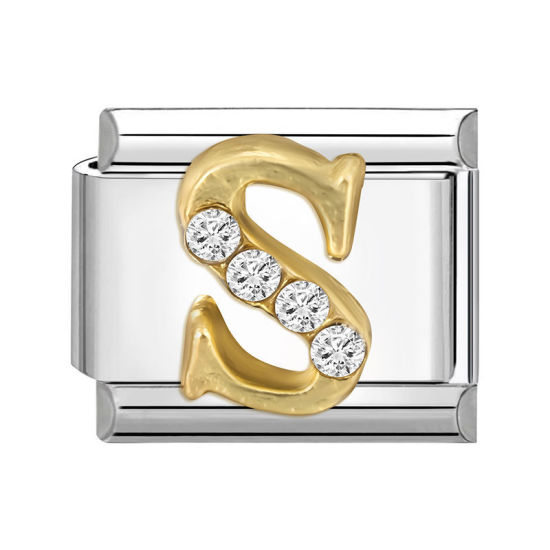 Picture of 1 Piece 304 Stainless Steel Capital Alphabet Initial Letter Name Italian Charm Links For DIY Bracelet Jewelry Making Silver Tone Golden Rectangle Message " S " Clear Rhinestone 10mm x 9mm