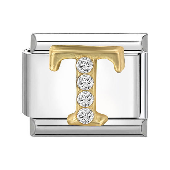 Picture of 1 Piece 304 Stainless Steel Capital Alphabet Initial Letter Name Italian Charm Links For DIY Bracelet Jewelry Making Silver Tone Golden Rectangle Message " T " Clear Rhinestone 10mm x 9mm