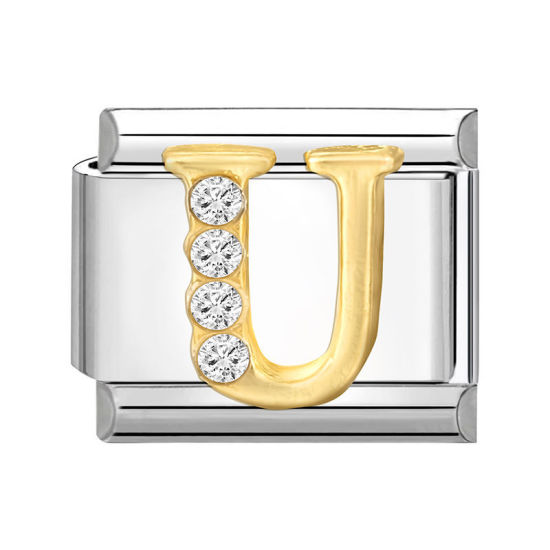 Picture of 1 Piece 304 Stainless Steel Capital Alphabet Initial Letter Name Italian Charm Links For DIY Bracelet Jewelry Making Silver Tone Golden Rectangle Message " U " Clear Rhinestone 10mm x 9mm