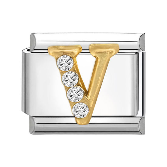 Picture of 1 Piece 304 Stainless Steel Capital Alphabet Initial Letter Name Italian Charm Links For DIY Bracelet Jewelry Making Silver Tone Golden Rectangle Message " V " Clear Rhinestone 10mm x 9mm
