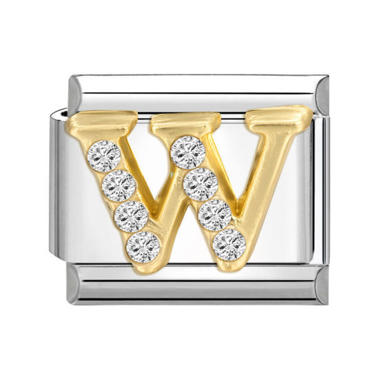 Picture of 1 Piece 304 Stainless Steel Capital Alphabet Initial Letter Name Italian Charm Links For DIY Bracelet Jewelry Making Silver Tone Golden Rectangle Message " W " Clear Rhinestone 10mm x 9mm