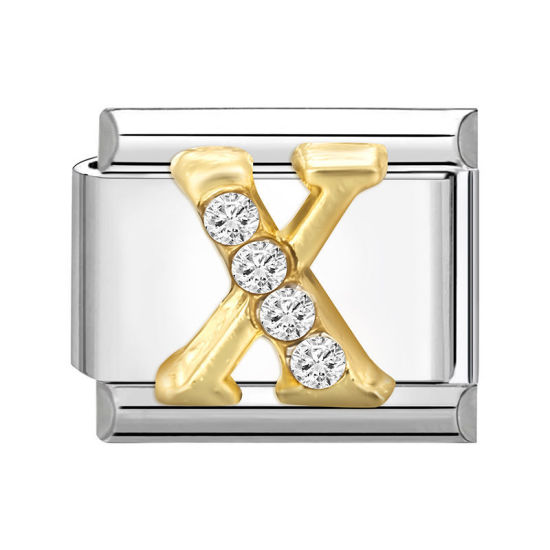 Picture of 1 Piece 304 Stainless Steel Capital Alphabet Initial Letter Name Italian Charm Links For DIY Bracelet Jewelry Making Silver Tone Golden Rectangle Message " X " Clear Rhinestone 10mm x 9mm