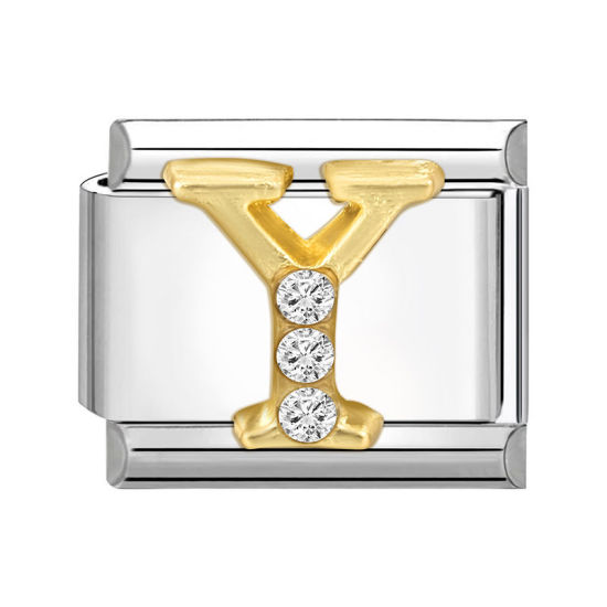 Picture of 1 Piece 304 Stainless Steel Capital Alphabet Initial Letter Name Italian Charm Links For DIY Bracelet Jewelry Making Silver Tone Golden Rectangle Message " Y " Clear Rhinestone 10mm x 9mm