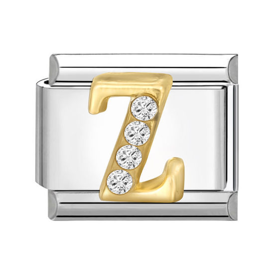 Picture of 1 Piece 304 Stainless Steel Capital Alphabet Initial Letter Name Italian Charm Links For DIY Bracelet Jewelry Making Silver Tone Golden Rectangle Message " Z " Clear Rhinestone 10mm x 9mm
