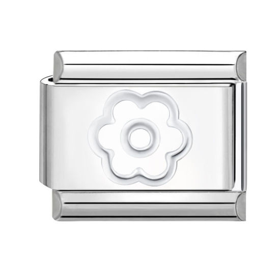 Picture of 1 Piece 304 Stainless Steel Italian Charm Links For DIY Bracelet Jewelry Making Silver Tone White Rectangle Flower 10mm x 9mm