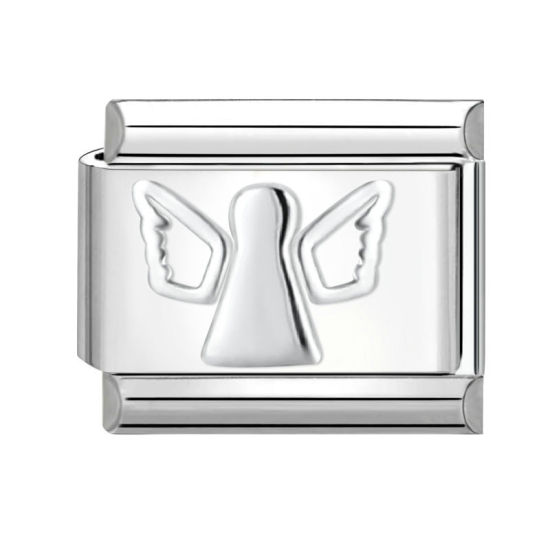 Picture of 1 Piece 304 Stainless Steel Italian Charm Links For DIY Bracelet Jewelry Making Silver Tone Rectangle Angel 10mm x 9mm