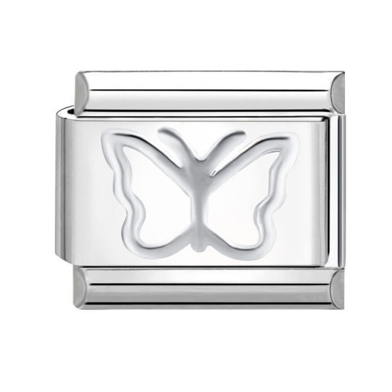 Picture of 1 Piece 304 Stainless Steel Italian Charm Links For DIY Bracelet Jewelry Making Silver Tone Rectangle Butterfly 10mm x 9mm