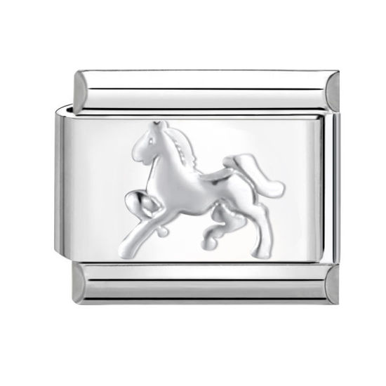 Picture of 1 Piece 304 Stainless Steel Italian Charm Links For DIY Bracelet Jewelry Making Silver Tone Rectangle Horse 10mm x 9mm