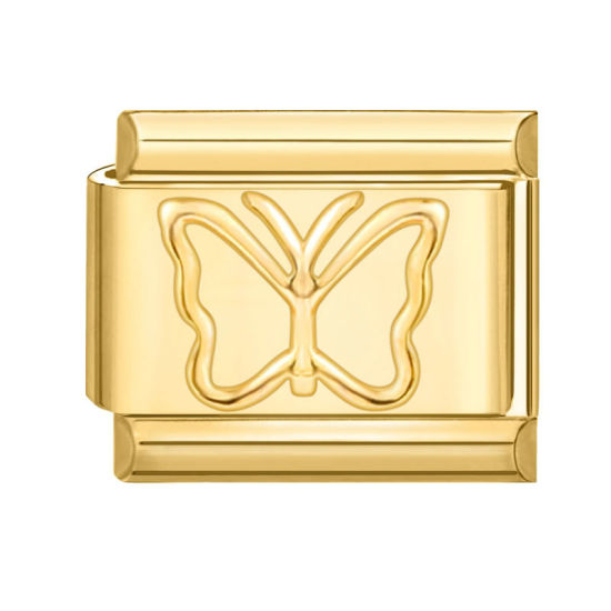 Picture of 1 Piece 304 Stainless Steel Italian Charm Links For DIY Bracelet Jewelry Making Gold Plated Rectangle Butterfly 10mm x 9mm