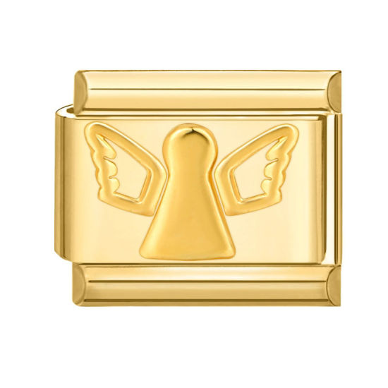 Picture of 1 Piece 304 Stainless Steel Italian Charm Links For DIY Bracelet Jewelry Making Gold Plated Rectangle Angel 10mm x 9mm