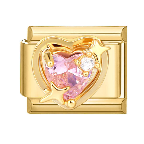 Picture of 1 Piece 304 Stainless Steel Valentine's Day Italian Charm Links For DIY Modular Bracelet Watch Jewelry Making Wholesale Gold Plated Rectangle Heart Pink Rhinestone 10mm x 9mm