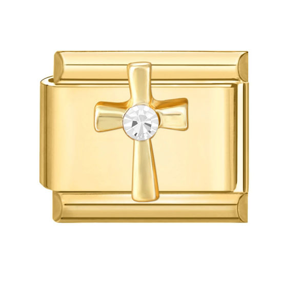 Picture of 1 Piece 304 Stainless Steel Italian Charm Links For DIY Modular Bracelet Watch Jewelry Making Wholesale Gold Plated Rectangle Cross Clear Rhinestone 10mm x 9mm