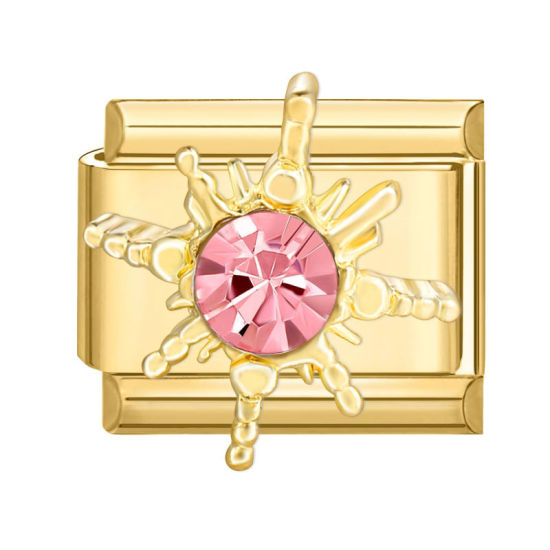Picture of 1 Piece 304 Stainless Steel Italian Charm Links For DIY Modular Bracelet Watch Jewelry Making Wholesale Gold Plated Rectangle Sun Pink Rhinestone 10mm x 9mm