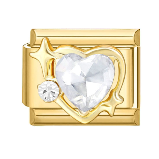 Picture of 1 Piece 304 Stainless Steel Valentine's Day Italian Charm Links For DIY Modular Bracelet Watch Jewelry Making Wholesale Gold Plated Rectangle Heart Clear Rhinestone 10mm x 9mm