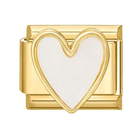 Picture of 1 Piece 304 Stainless Steel Valentine's Day Italian Charm Links For DIY Modular Bracelet Watch Jewelry Making Wholesale Gold Plated White Rectangle Heart 10mm x 9mm
