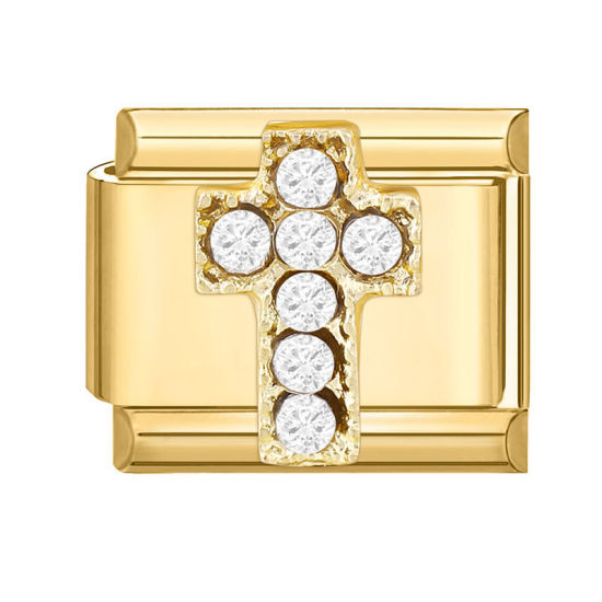 Picture of 1 Piece 304 Stainless Steel Italian Charm Links For DIY Modular Bracelet Watch Jewelry Making Wholesale Gold Plated Rectangle Cross Clear Rhinestone 10mm x 9mm