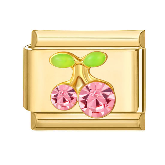 Picture of 1 Piece 304 Stainless Steel Italian Charm Links For DIY Modular Bracelet Watch Jewelry Making Wholesale Gold Plated Rectangle Cherry Fruit Pink Rhinestone 10mm x 9mm