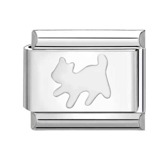 Picture of 1 Piece 304 Stainless Steel Italian Charm Links For DIY Bracelet Jewelry Making Silver Tone Rectangle Cat 10mm x 9mm
