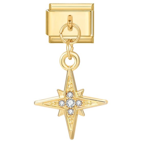 Image de 1 Pièce Maillons de Charme Italiens pour la Fabrication de Bijoux de Montres-Bracelets Modulables à Faire Soi-Même En Gros Élégant en 304 Acier Inoxydable Doré Etoile à Strass Transparent Alliage de Zinc Pendentif 10mm x 9mm
