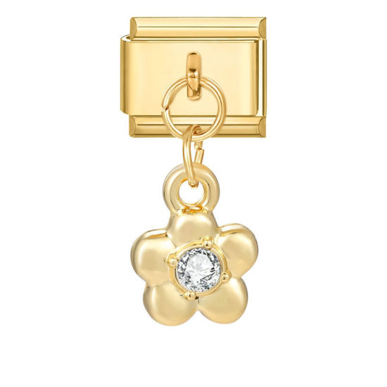 Image de 1 Pièce Maillons de Charme Italiens pour la Fabrication de Bijoux de Montres-Bracelets Modulables à Faire Soi-Même En Gros Élégant en 304 Acier Inoxydable Doré Fleur à Strass Transparent Alliage de Zinc Pendentif 10mm x 9mm