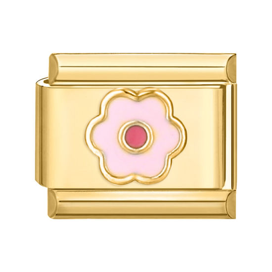 Picture of 1 Piece 304 Stainless Steel Italian Charm Links For DIY Bracelet Jewelry Making Gold Plated Pink Rectangle Flower 10mm x 9mm