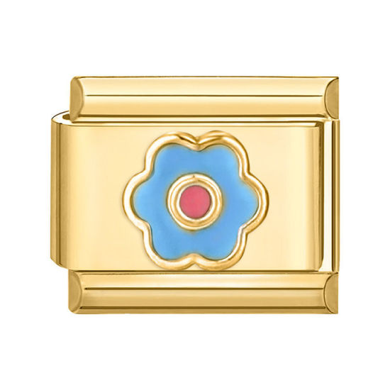 Picture of 1 Piece 304 Stainless Steel Italian Charm Links For DIY Bracelet Jewelry Making Gold Plated Blue Rectangle Flower 10mm x 9mm