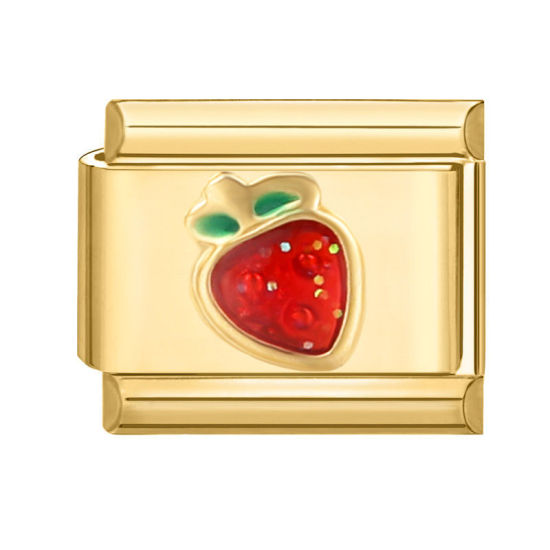 Picture of 1 Piece 304 Stainless Steel Italian Charm Links For DIY Bracelet Jewelry Making Gold Plated Red Rectangle Strawberry Fruit 10mm x 9mm