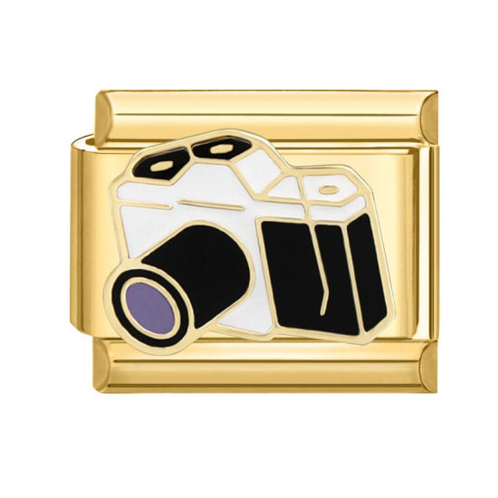 Picture of 1 Piece 304 Stainless Steel Italian Charm Links For DIY Bracelet Jewelry Making Gold Plated Black Rectangle Camera 10mm x 9mm