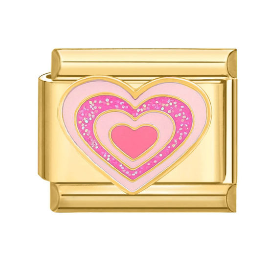 Picture of 1 Piece 304 Stainless Steel Valentine's Day Italian Charm Links For DIY Bracelet Jewelry Making Gold Plated Pink Rectangle Heart 10mm x 9mm