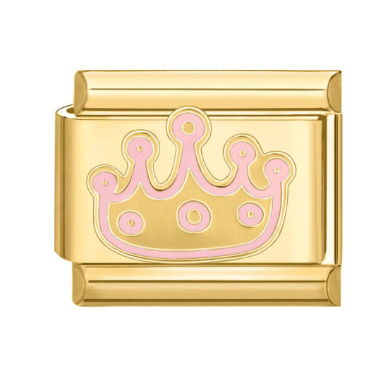 Picture of 1 Piece 304 Stainless Steel Italian Charm Links For DIY Bracelet Jewelry Making Gold Plated Pink Rectangle Crown 10mm x 9mm