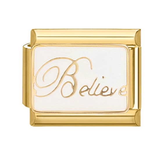 Picture of 1 Piece 304 Stainless Steel Italian Charm Links For DIY Bracelet Jewelry Making Gold Plated White Rectangle Message " Believe " 10mm x 9mm