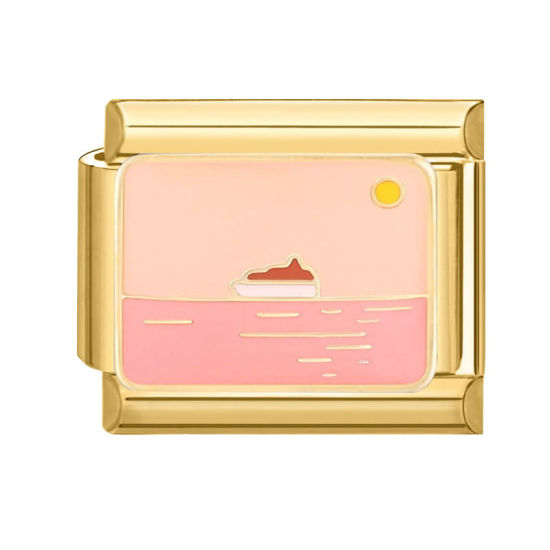 Picture of 1 Piece 304 Stainless Steel Italian Charm Links For DIY Bracelet Jewelry Making Gold Plated Pink Rectangle Sunset 10mm x 9mm