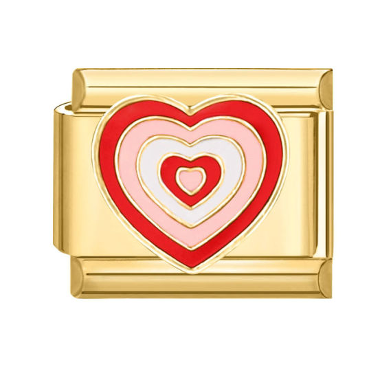 Picture of 1 Piece 304 Stainless Steel Valentine's Day Italian Charm Links For DIY Bracelet Jewelry Making Gold Plated Red Rectangle Heart 10mm x 9mm