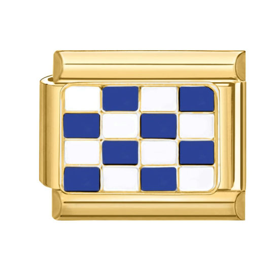 Picture of 1 Piece 304 Stainless Steel Italian Charm Links For DIY Bracelet Jewelry Making Gold Plated Blue Rectangle Grid Checker 10mm x 9mm