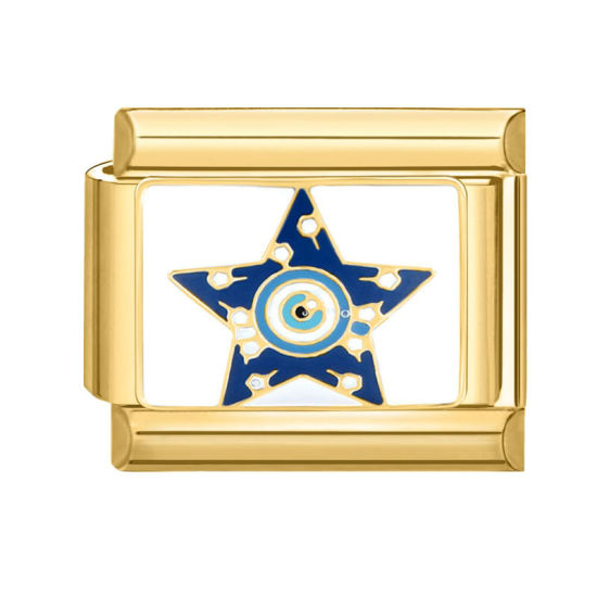 Picture of 1 Piece 304 Stainless Steel Italian Charm Links For DIY Bracelet Jewelry Making Gold Plated Blue Rectangle Pentagram Star 10mm x 9mm