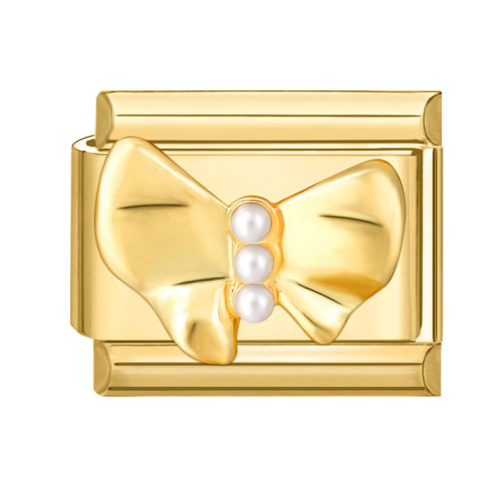 Image de 1 Pièce Maillons de Charme Italiens pour la Fabrication de Bijoux de Montres-Bracelets Modulables à Faire Soi-Même En Gros en 304 Acier Inoxydable Doré Rectangle Nœuds Papillons Imitation Perles 10mm x 9mm