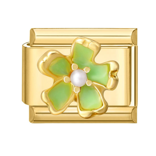 Image de 1 Pièce Maillons de Charme Italiens pour la Fabrication de Bijoux de Montres-Bracelets Modulables à Faire Soi-Même En Gros en 304 Acier Inoxydable Doré Vert Émail Rectangle Fleurs Imitation Perles 10mm x 9mm