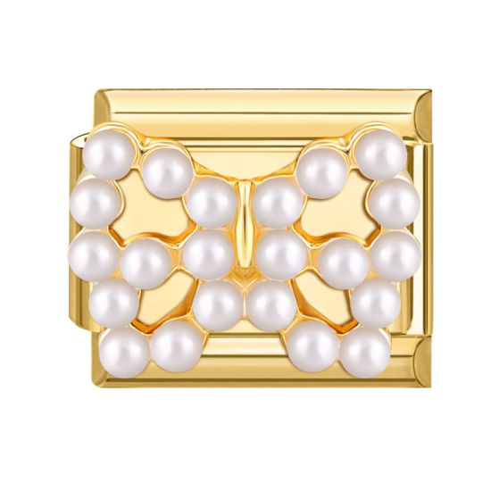 Image de 1 Pièce Maillons de Charme Italiens pour la Fabrication de Bijoux de Montres-Bracelets Modulables à Faire Soi-Même En Gros en 304 Acier Inoxydable Doré Rectangle Nœuds Papillons Imitation Perles 10mm x 9mm