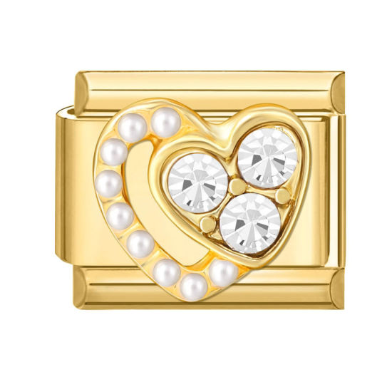 Image de 1 Pièce Maillons de Charme Italiens pour la Fabrication de Bijoux de Montres-Bracelets Modulables à Faire Soi-Même En Gros La Saint Valentin en 304 Acier Inoxydable Doré Rectangle Cœur Imitation Perles à Strass Transparent 10mm x 9mm