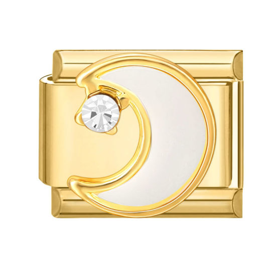 Image de 1 Pièce Maillons de Charme Italiens pour la Fabrication de Bijoux de Montres-Bracelets Modulables à Faire Soi-Même En Gros en 304 Acier Inoxydable Doré Rectangle Lune à Strass Transparent 10mm x 9mm