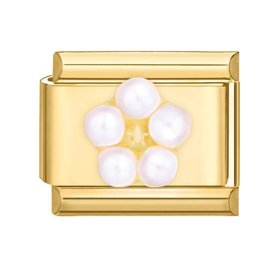 Image de 1 Pièce Maillons de Charme Italiens pour la Fabrication de Bijoux de Montres-Bracelets Modulables à Faire Soi-Même En Gros en 304 Acier Inoxydable Doré Rectangle Fleurs Imitation Perles 10mm x 9mm