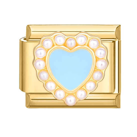 Image de 1 Pièce Maillons de Charme Italiens pour la Fabrication de Bijoux de Montres-Bracelets Modulables à Faire Soi-Même En Gros La Saint Valentin en 304 Acier Inoxydable Doré Bleu Émail Rectangle Cœur 10mm x 9mm