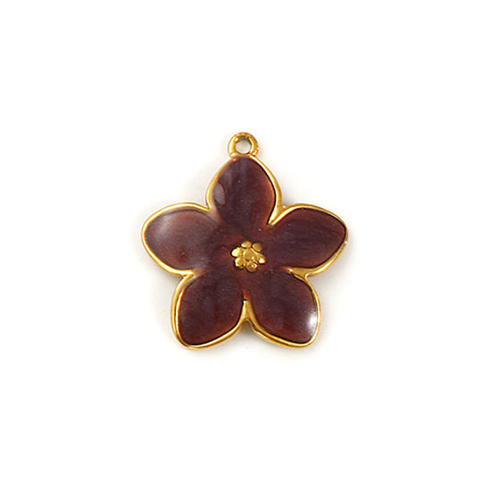 Picture of 2 PCs Eco-friendly PVD Vacuum Plating Waterproof Anti-Tarnish Hypoallergenic 304 Stainless Steel Charms 18K Real Gold Plated Coffee Enamel Flower Pearlized 22.5mm x 21mm
