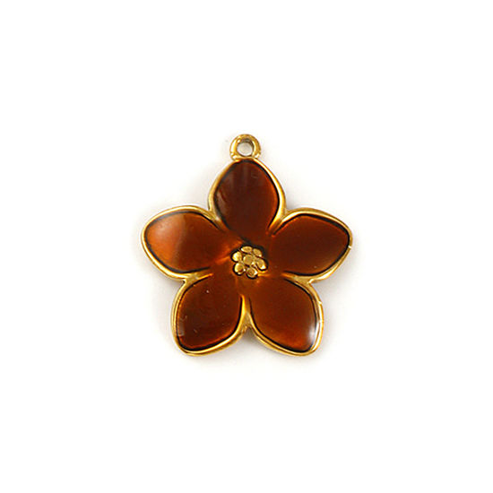 Picture of 2 PCs Eco-friendly PVD Vacuum Plating Waterproof Anti-Tarnish Hypoallergenic 304 Stainless Steel Charms 18K Real Gold Plated Brown Enamel Flower 22.5mm x 21mm
